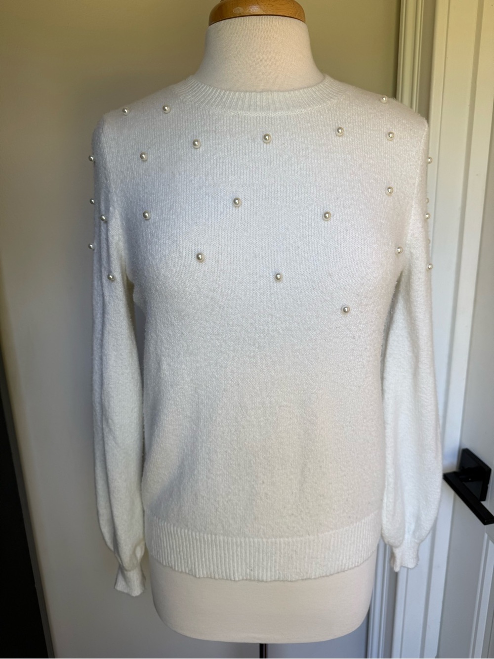 LOFT Cream Pearl-Embellished Crewneck Sweater